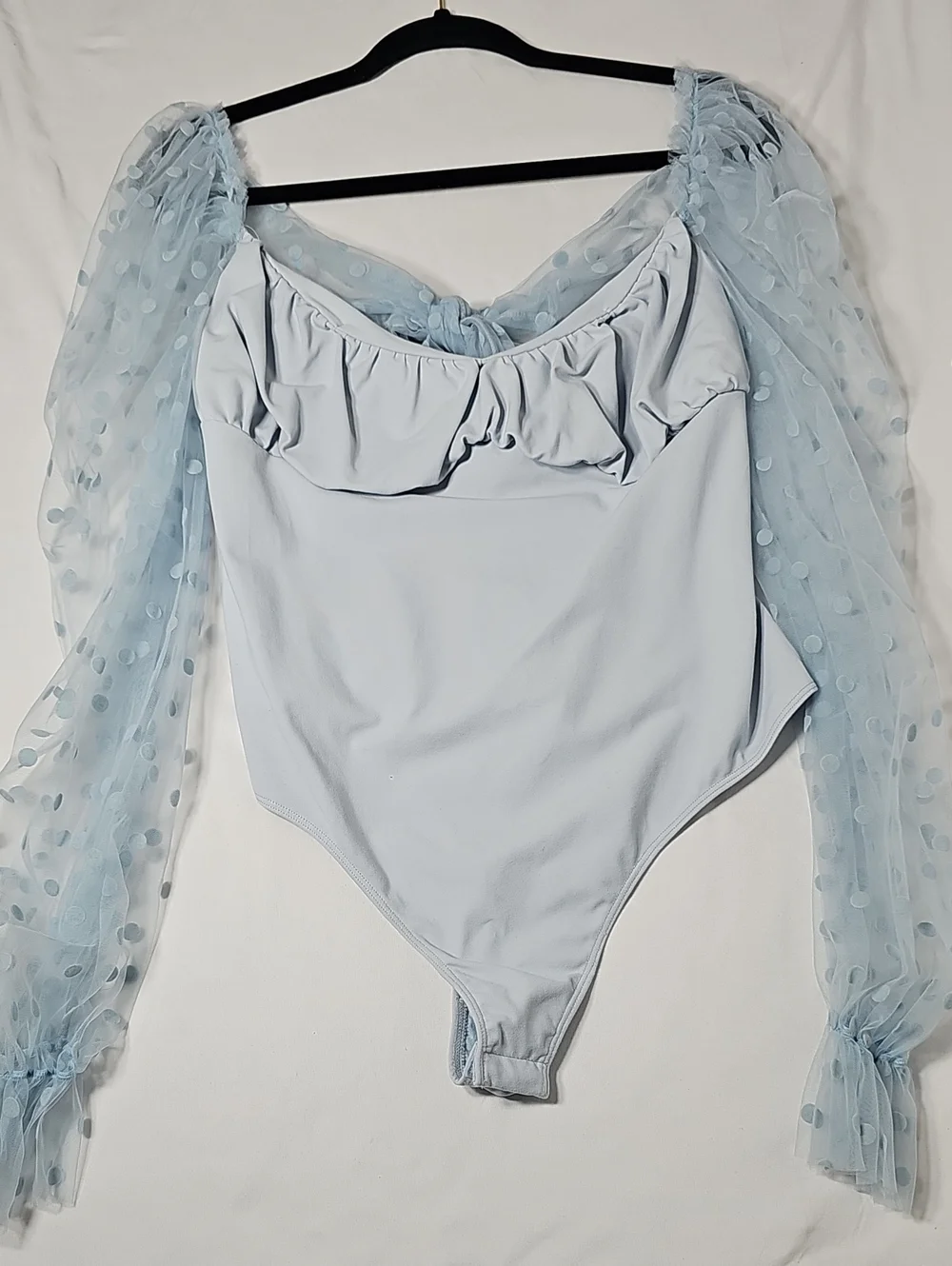 Free People Pale Blue Polka Dot Sleeve Ruffle Bodysuit